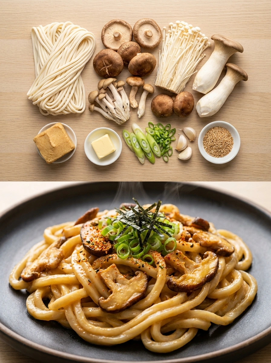Miso Butter Udon with Mushrooms - traditionellt Japan Vegetariska recept recept, perfekt till vardagsmiddag
